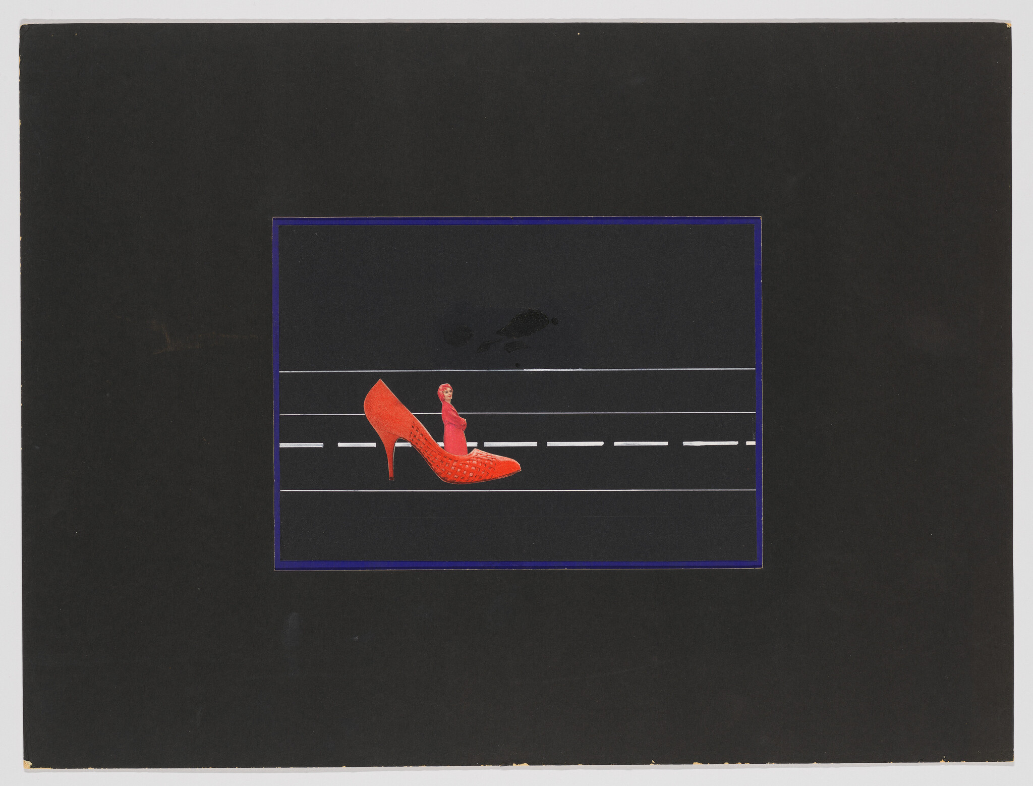 A small woman stands inside a large red high-heeled shoe against a dark framed background.