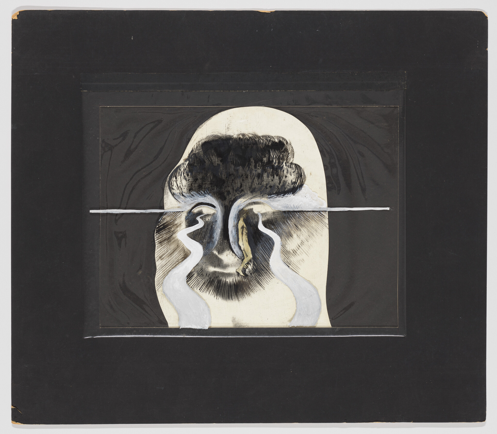 A stylized pale head with white streams flowing from its eyes and a small figure descending.