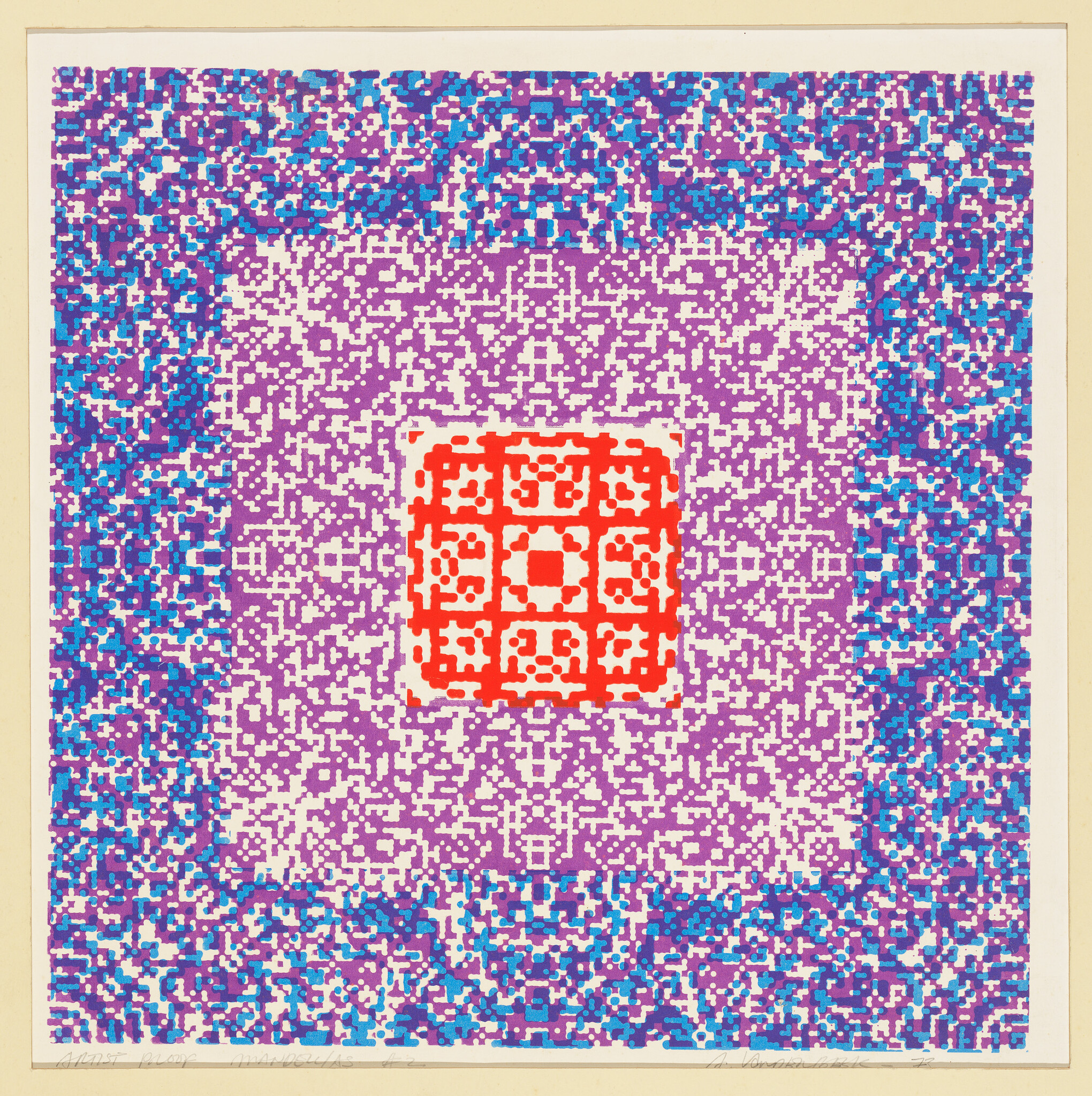 A colorful abstract artwork featuring a pixelated pattern with a central square of red and white, surrounded by varying shades of blue and purple, creating a mosaic-like appearance.