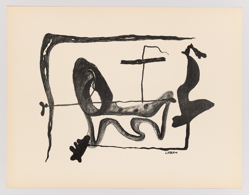 Abstract black ink shapes and squiggles framed by a thin rectangular border on cream paper.