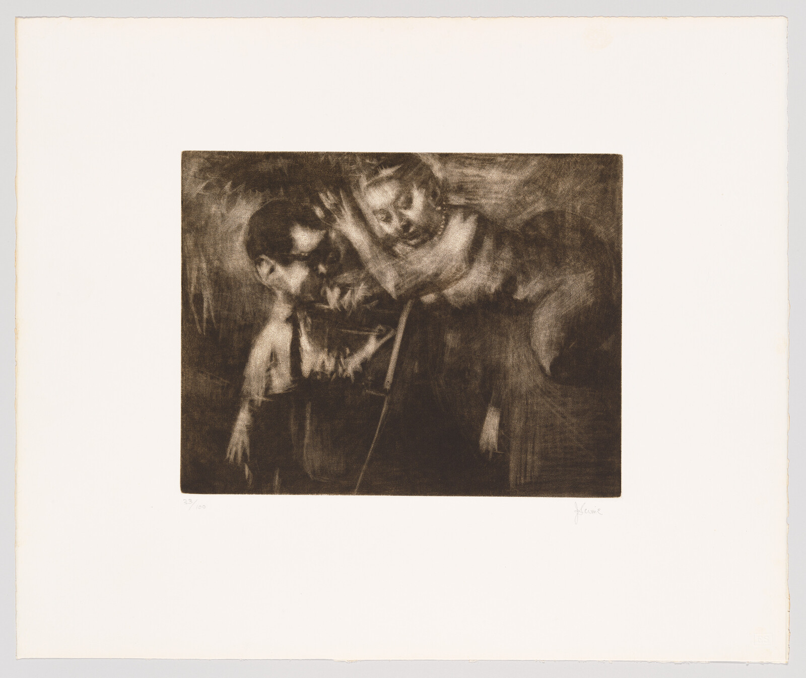 A dark etching showing an adult leaning over and comforting a seated child.