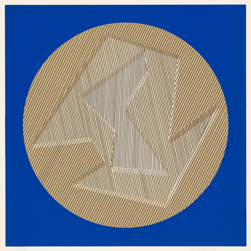Beige circular pattern with diagonal black lines forming angular geometric shapes on a blue square background.