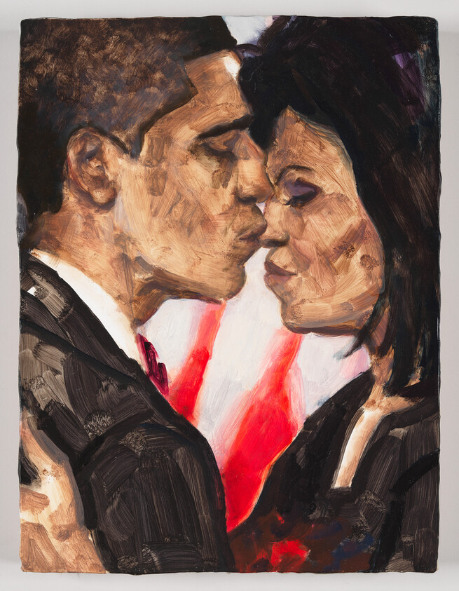 A painted couple leaning in for a tender kiss with faces nearly touching.