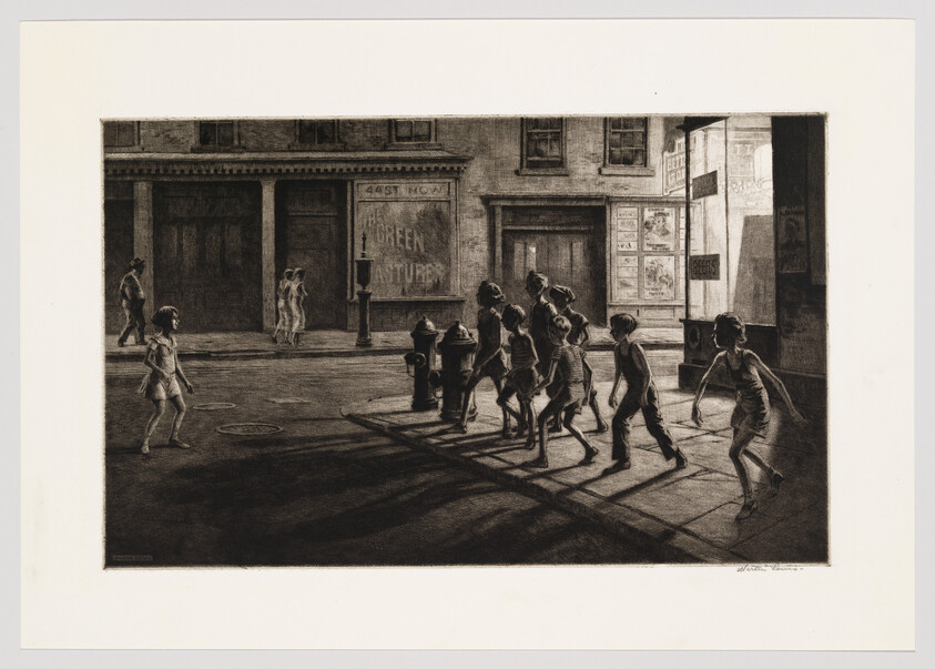 A group of children walk across a sunlit city sidewalk, casting long shadows on the pavement.
