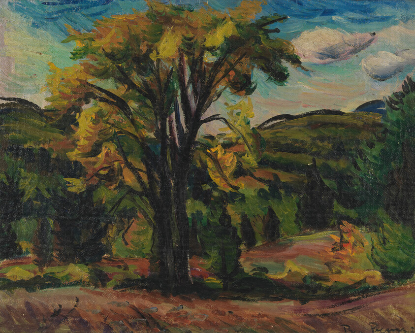 A large tree with golden leaves stands in a rolling green landscape under blue sky.