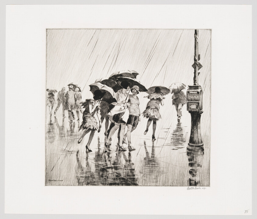Several children and adults run through heavy rain holding umbrellas on a wet city street.