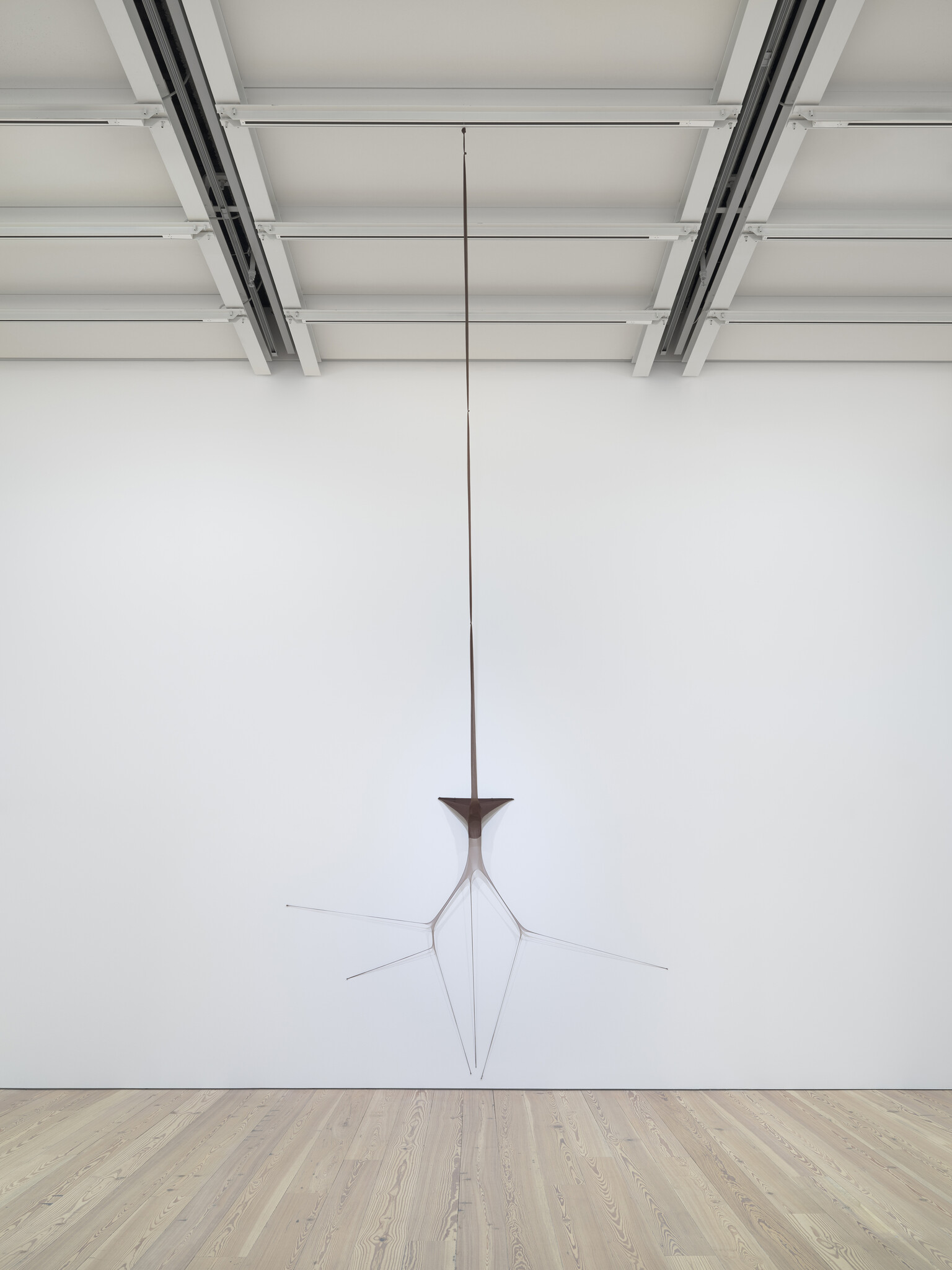 Thin metal sculpture hangs from the ceiling, with long, delicate arms extending outward against a plain white wall.
