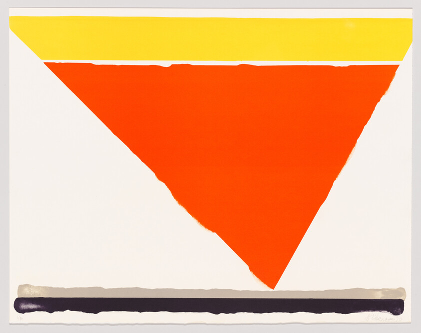 Large inverted orange triangle with a thin yellow band at the top and a dark bar at the bottom.