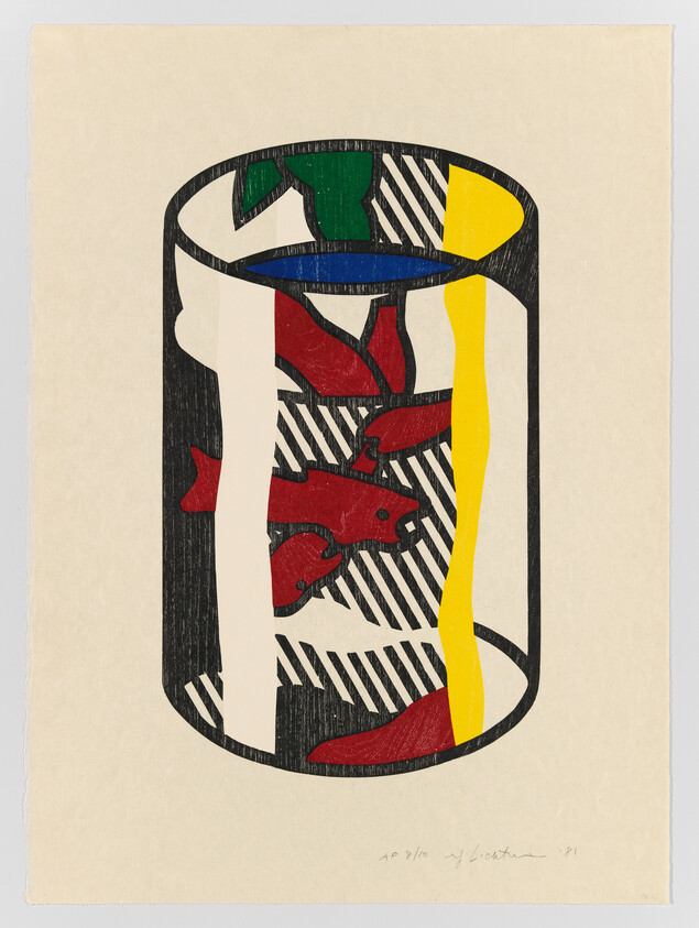 A stylized cylindrical jar containing red fish, black diagonal stripes, and a yellow vertical band.