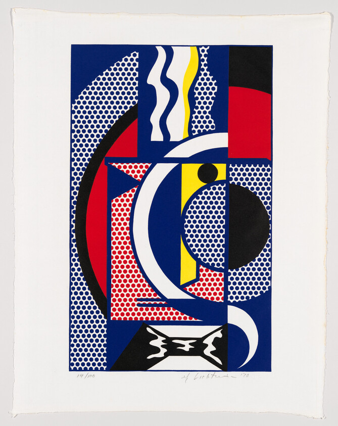 Abstract composition of bold geometric shapes and Ben-Day dots in red, blue, yellow, and black.