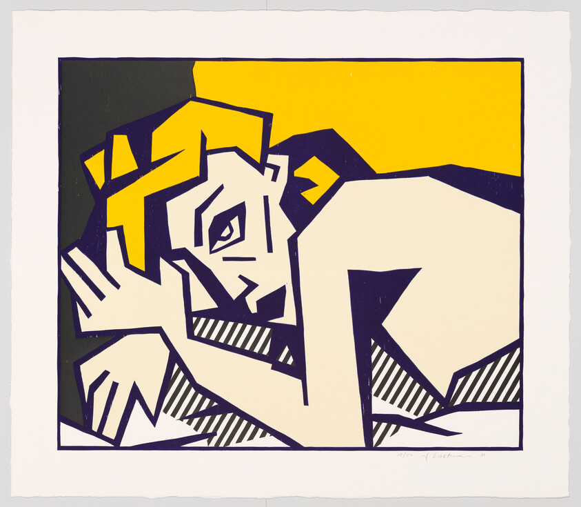 A stylized reclining person with yellow hair and bold black outlines in a graphic composition.