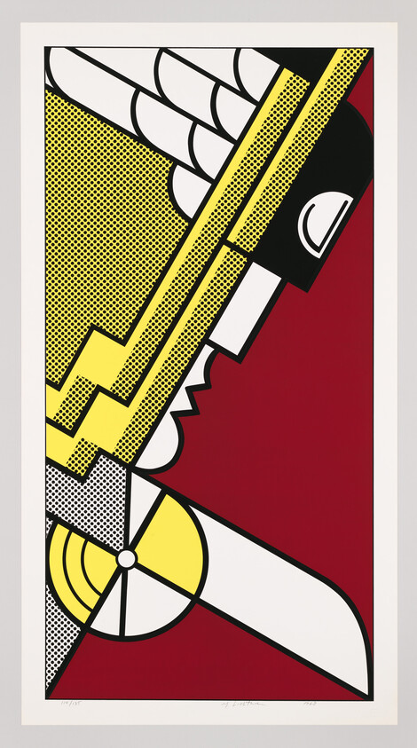 Stylized pop-art composition showing a yellow wing and a mechanical blade against a red background.