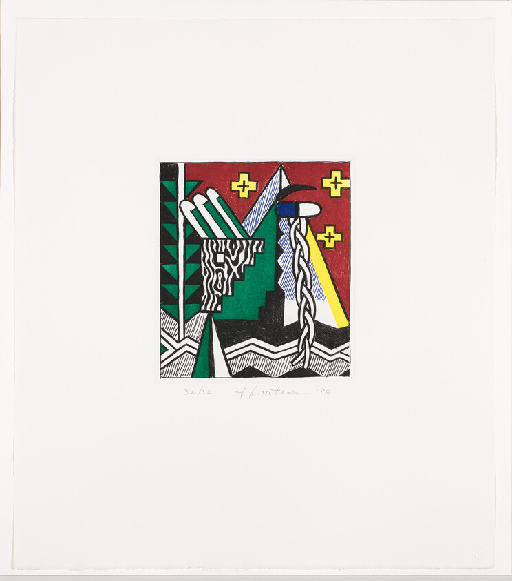 A small colorful abstract geometric composition with zigzag patterns, a braided form, and yellow crosses.