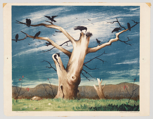 A bare, weathered tree stands in a field as crows perch and gather in its branches.