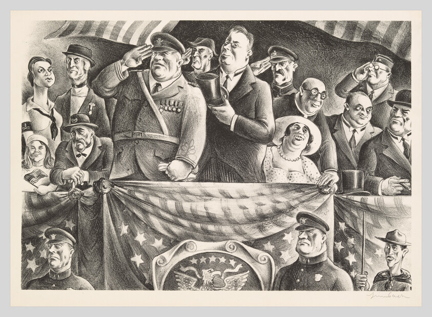 Group of politicians and military officers on a decorated balcony saluting under an American flag.