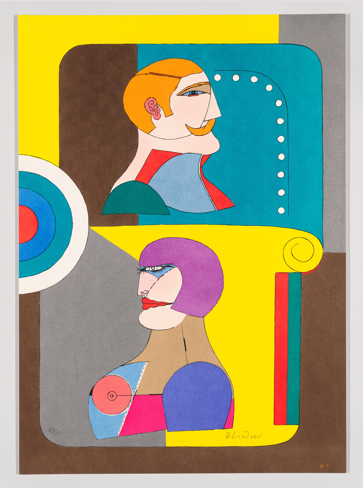 Two colorful stylized profile portraits stacked vertically with bold geometric shapes and patterns.