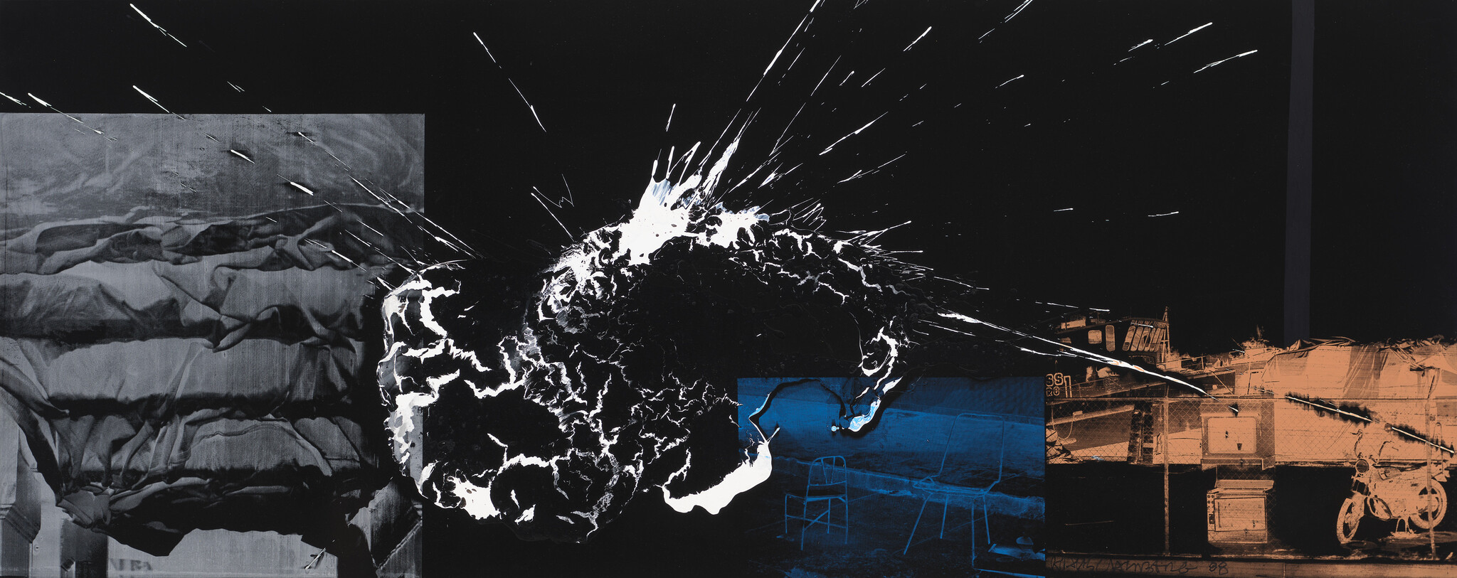 A wide-format abstract artwork featuring a dynamic explosion of white splatter on a black background, with the splatter extending across the entire image. The left side shows a grayscale crumpled fabric texture, while the right side includes a blue-toned photo collage with elements such as chairs and a scooter, all overlaid with the same splatter effect.