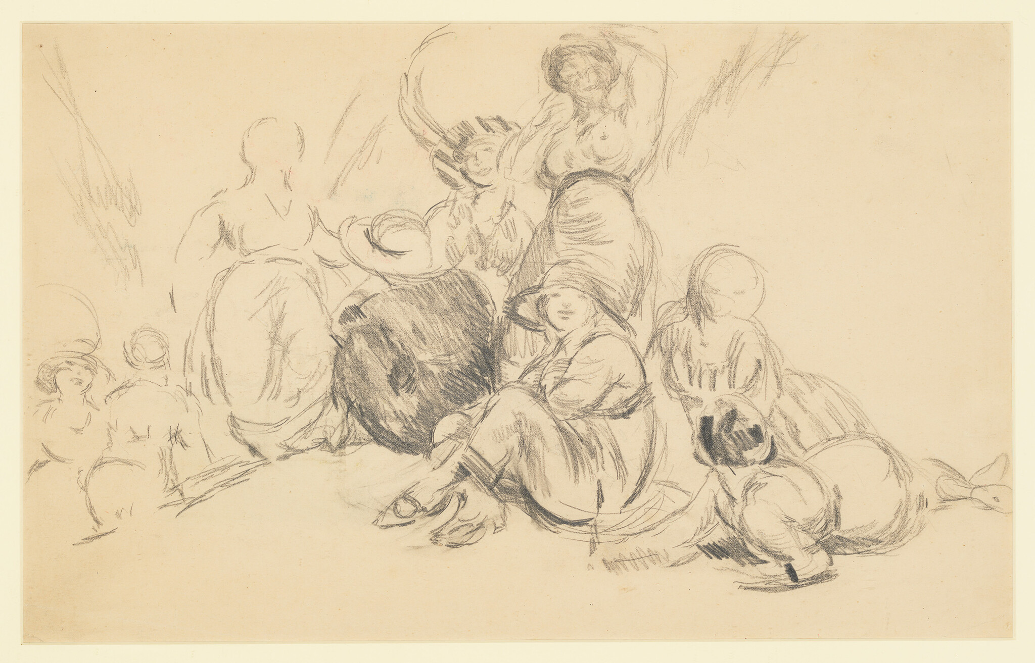 Several women and children rest and talk on a hillside, drawn in loose pencil strokes.