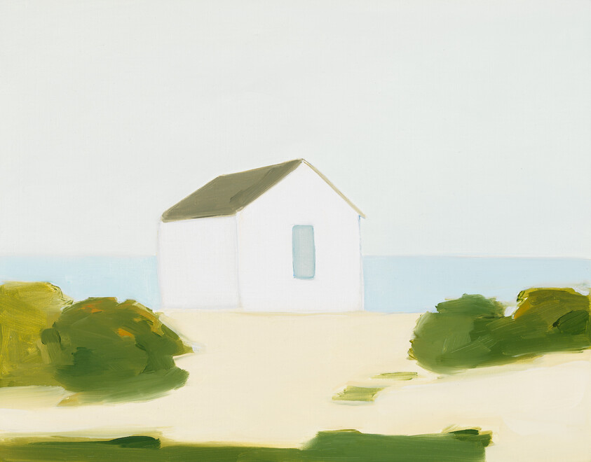 A minimalist painting depicting a solitary white house with a dark roof and a single window, set against a pale blue sky and a hint of distant sea, with abstract green brushstrokes representing foliage in the foreground.