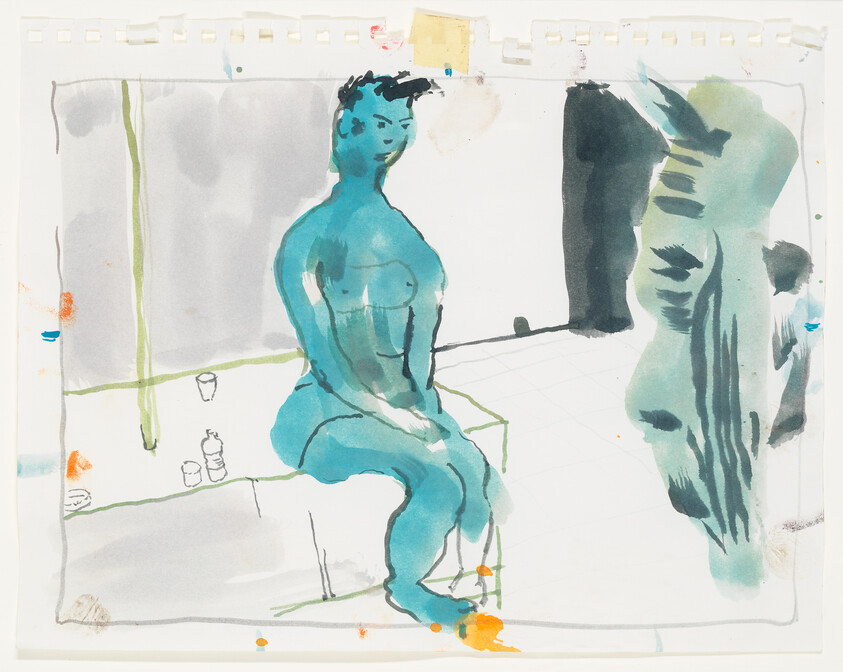 A blue-toned nude figure sits on a bench in an artist's studio.