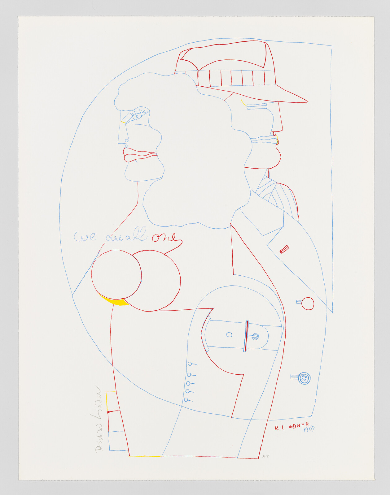 A red and blue line drawing of a man and woman back-to-back with text "we are all one."