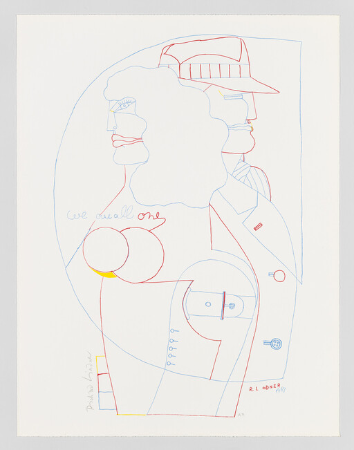 A red and blue line drawing of a man and woman back-to-back with text "we are all one."