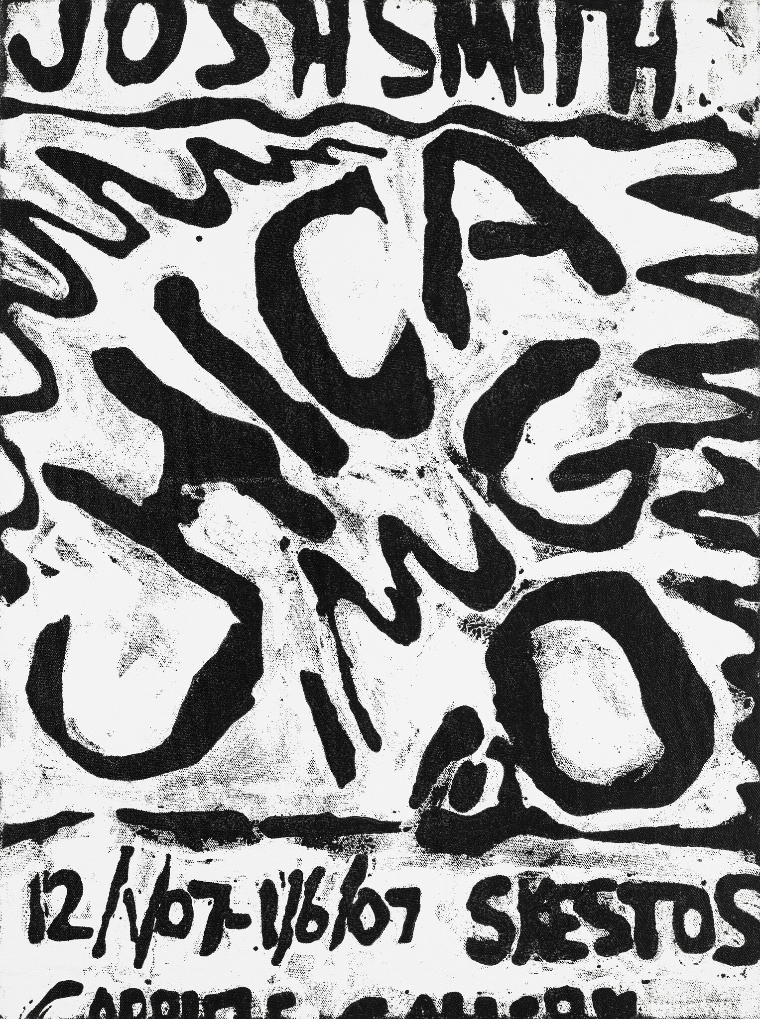 Bold black brushstrokes form large abstract letters and numbers on a white background.