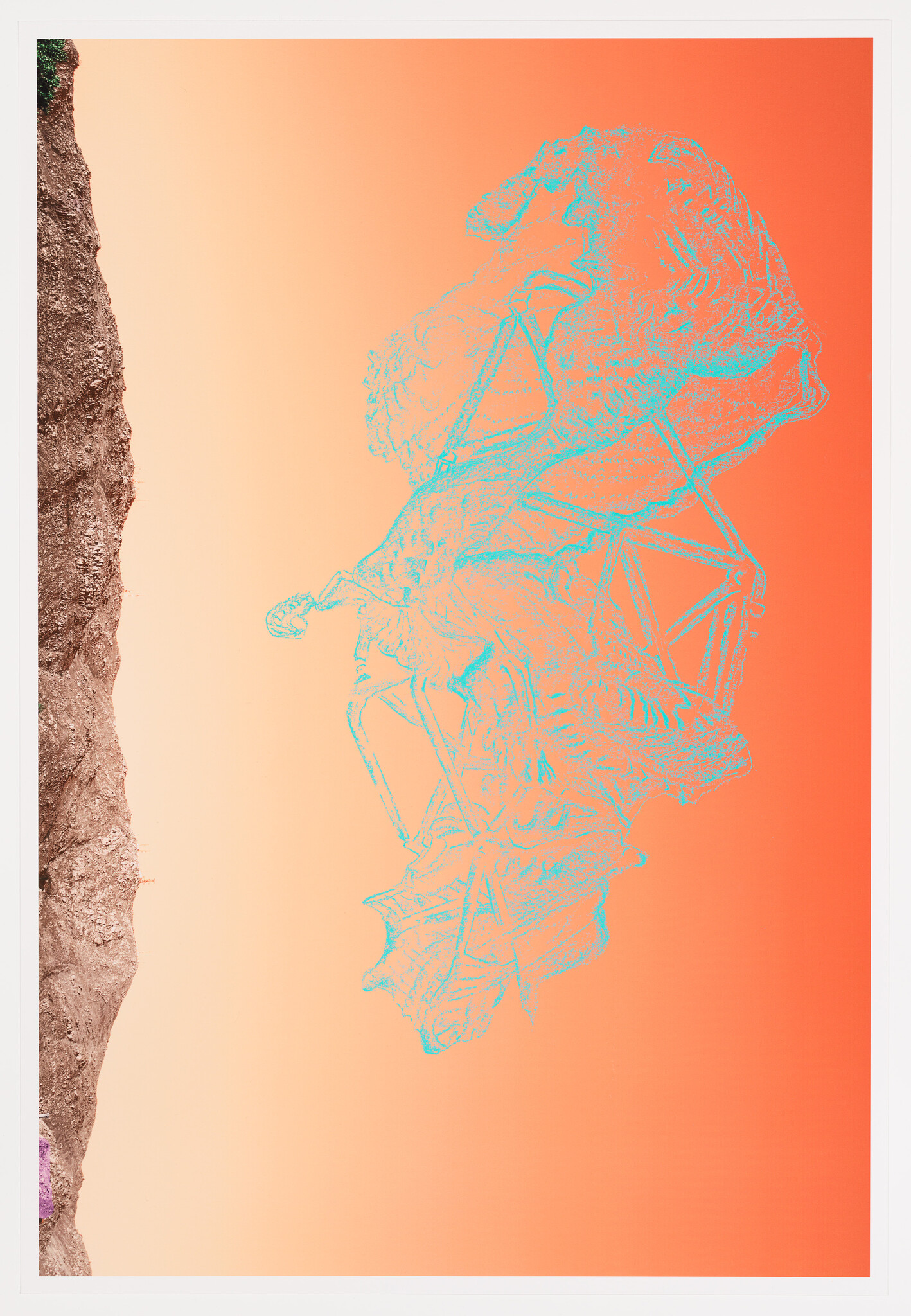Turquoise line drawing of a reclining classical statue floats against an orange gradient beside a rocky cliff.