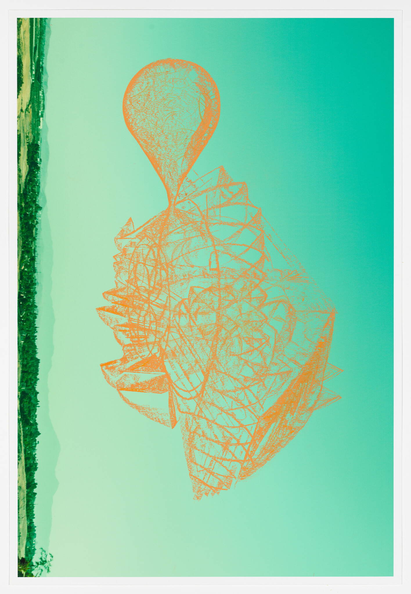An orange wireframe balloon-like sculpture floats over a teal sky above distant green landscape.