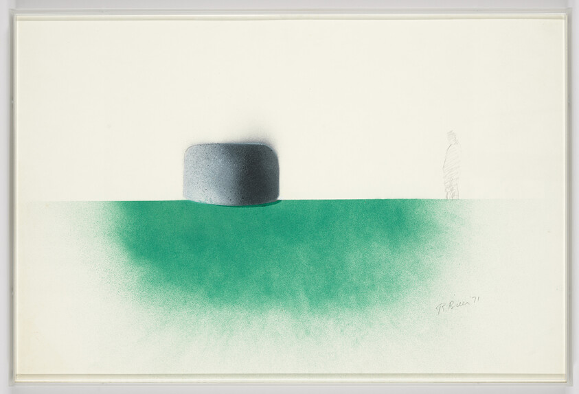 A lone rounded stone-like form sits on a horizon above a large green mist with a small standing figure.