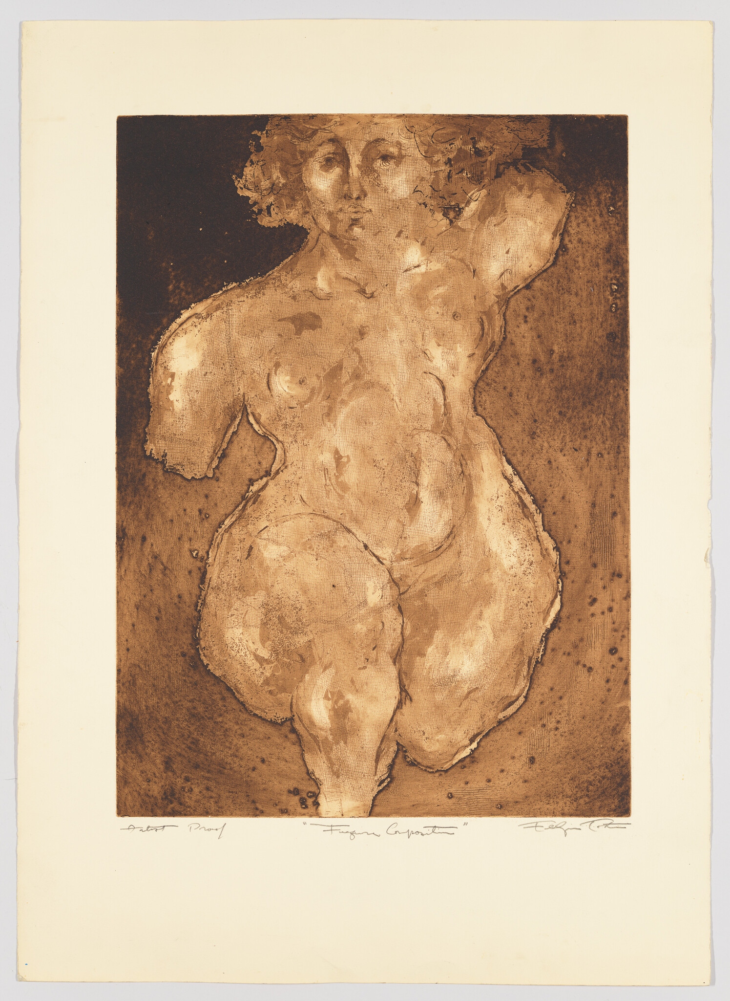 A brown-toned abstract drawing of a nude human figure with soft, rounded features and no visible arms.