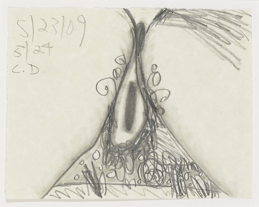 A sketch on paper featuring abstract shapes and lines with a prominent dark curve dividing the page. There are scribbled numbers and letters in the top left corner, and the drawing includes various doodle-like patterns and textures.