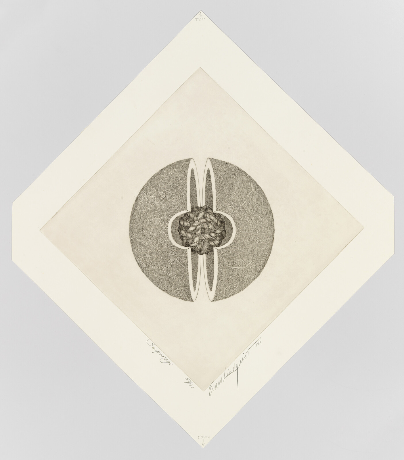 Abstract circular drawing with a knotted center and two vertical looped shapes on tilted paper.