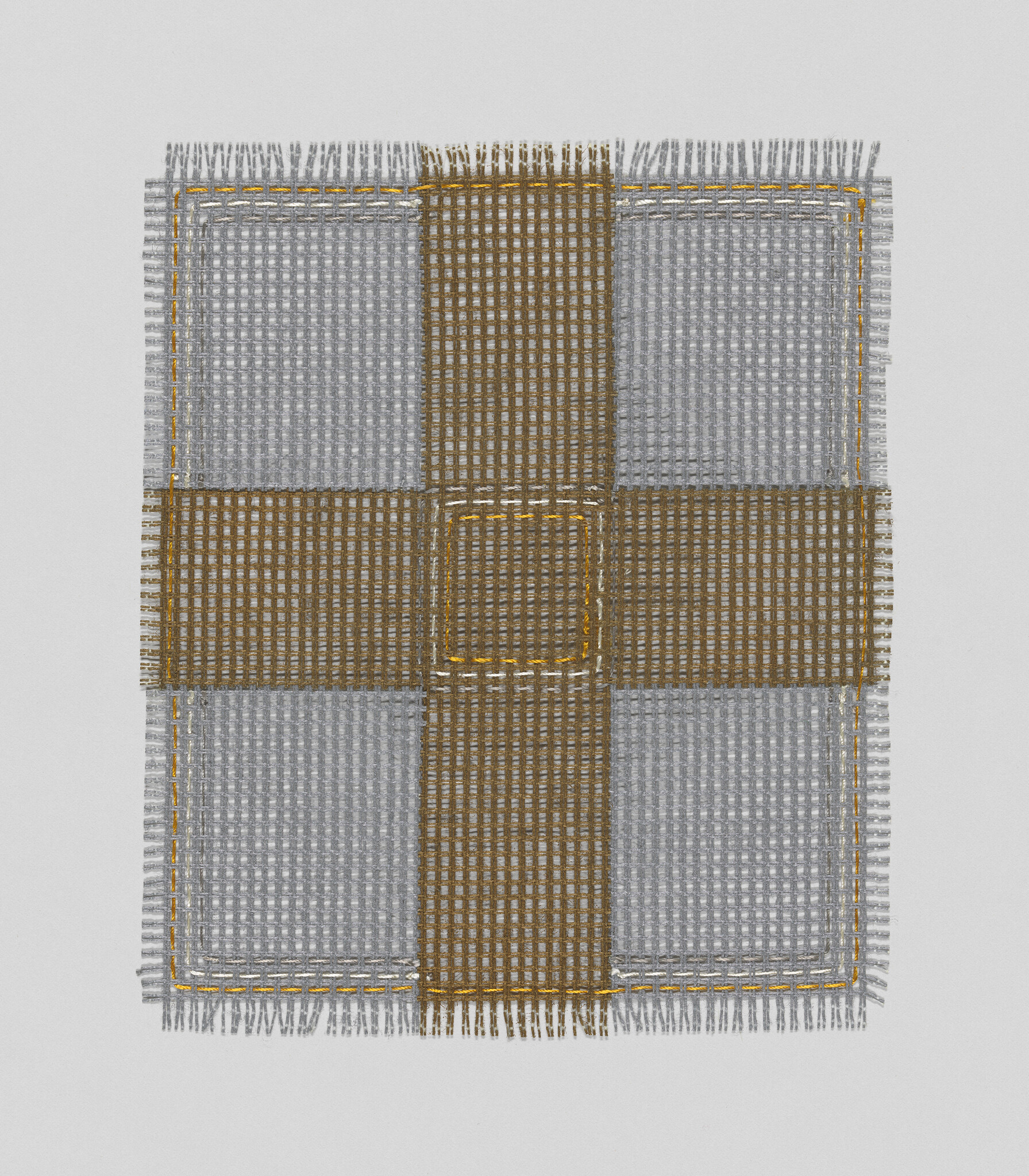 A woven fabric sample shows alternating gray and brown grid squares with frayed edges and yellow stitching.