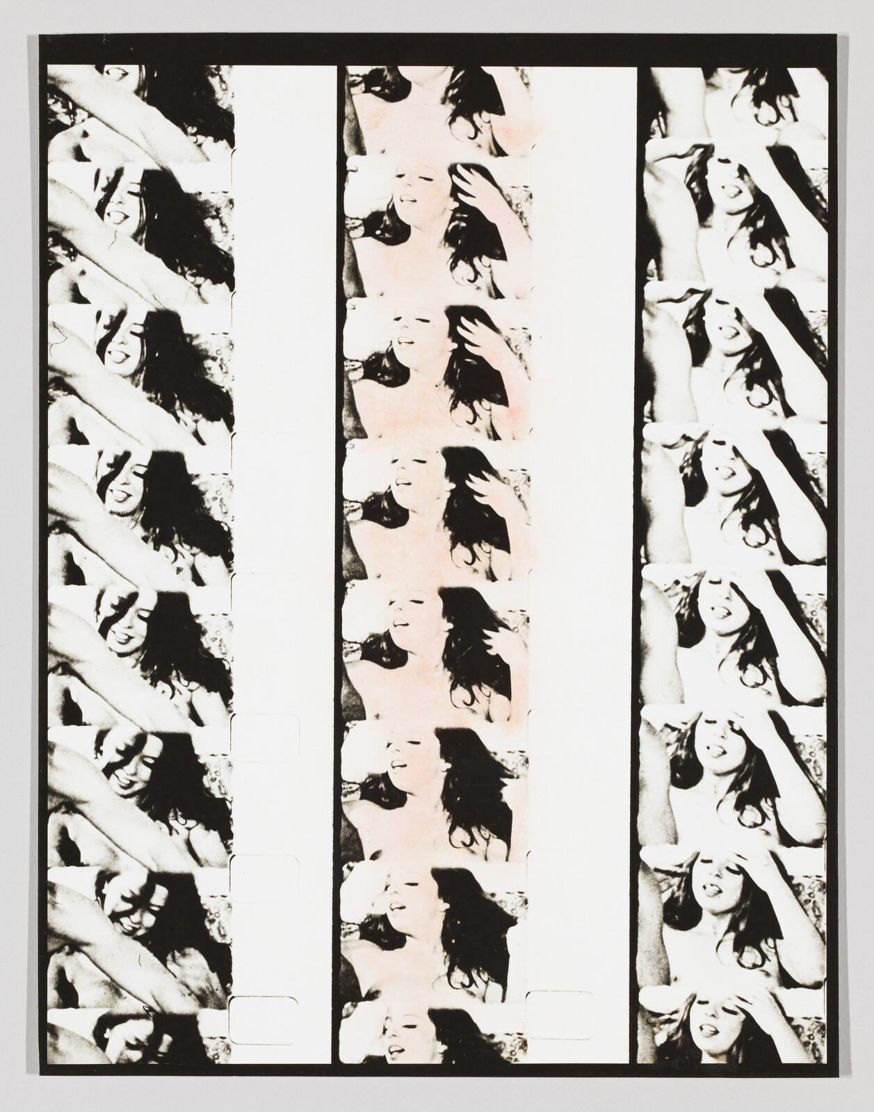 Three vertical film strips showing repeated frames of a smiling woman touching her hair.
