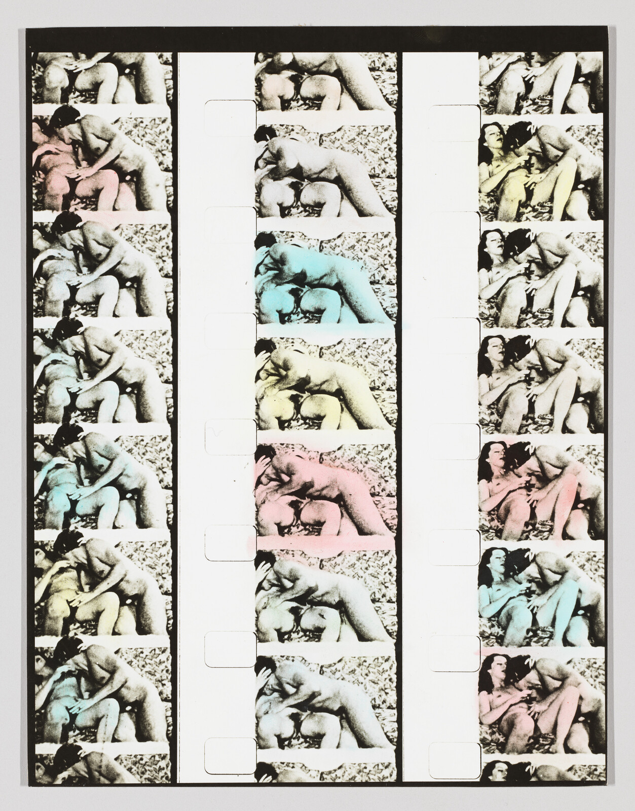 A series of film strips containing repeated images of a couple embracing, with color variations across the frames, presented against a white background.