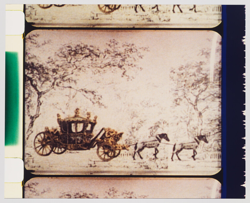A vintage illustration of a horse-drawn carriage surrounded by trees, displayed within a slide frame with green and blue borders.