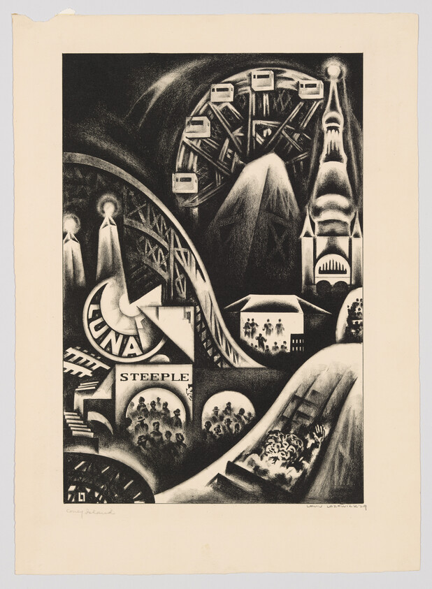 Crowded amusement park scene with Ferris wheel, roller coaster, steeple, and sign reading "LUNA".