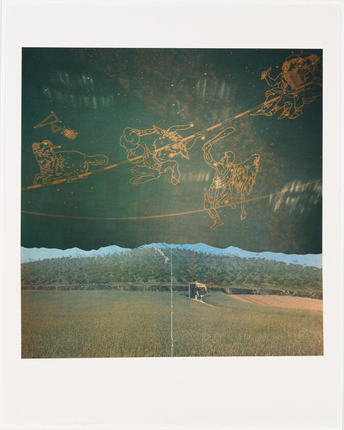 Rural field beneath a dark sky overlaid with golden constellation figures of mythological characters.