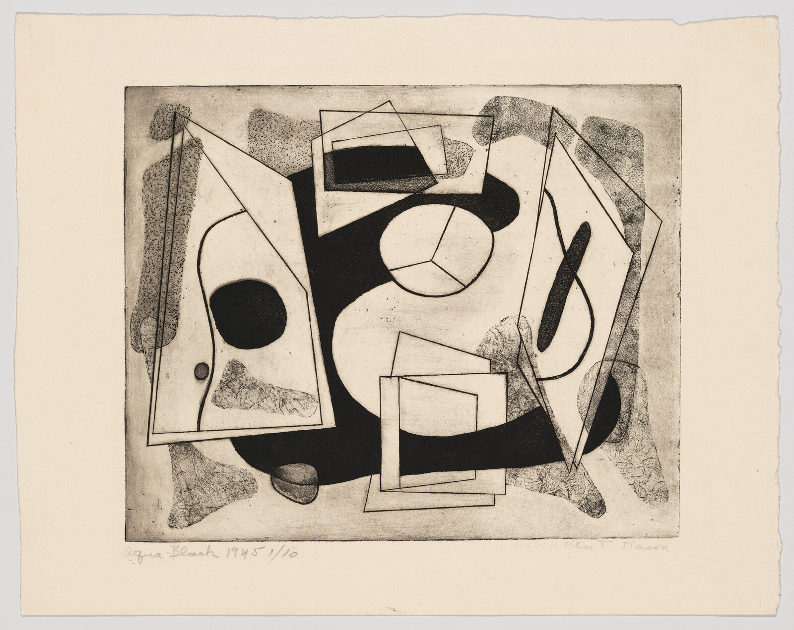 Abstract composition of overlapping geometric shapes, circles, and dark curved forms in black and white.