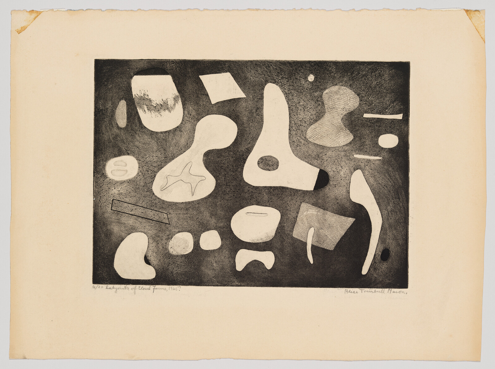 Abstract black-and-white print showing scattered organic shapes on a dark rectangular field.