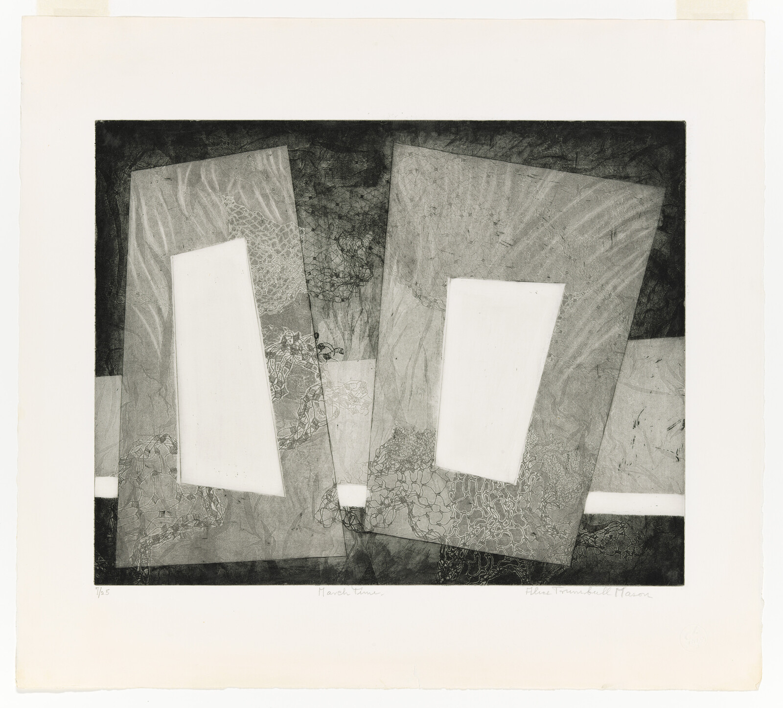 Two tilted translucent panels with white trapezoid openings overlap against a textured dark background.