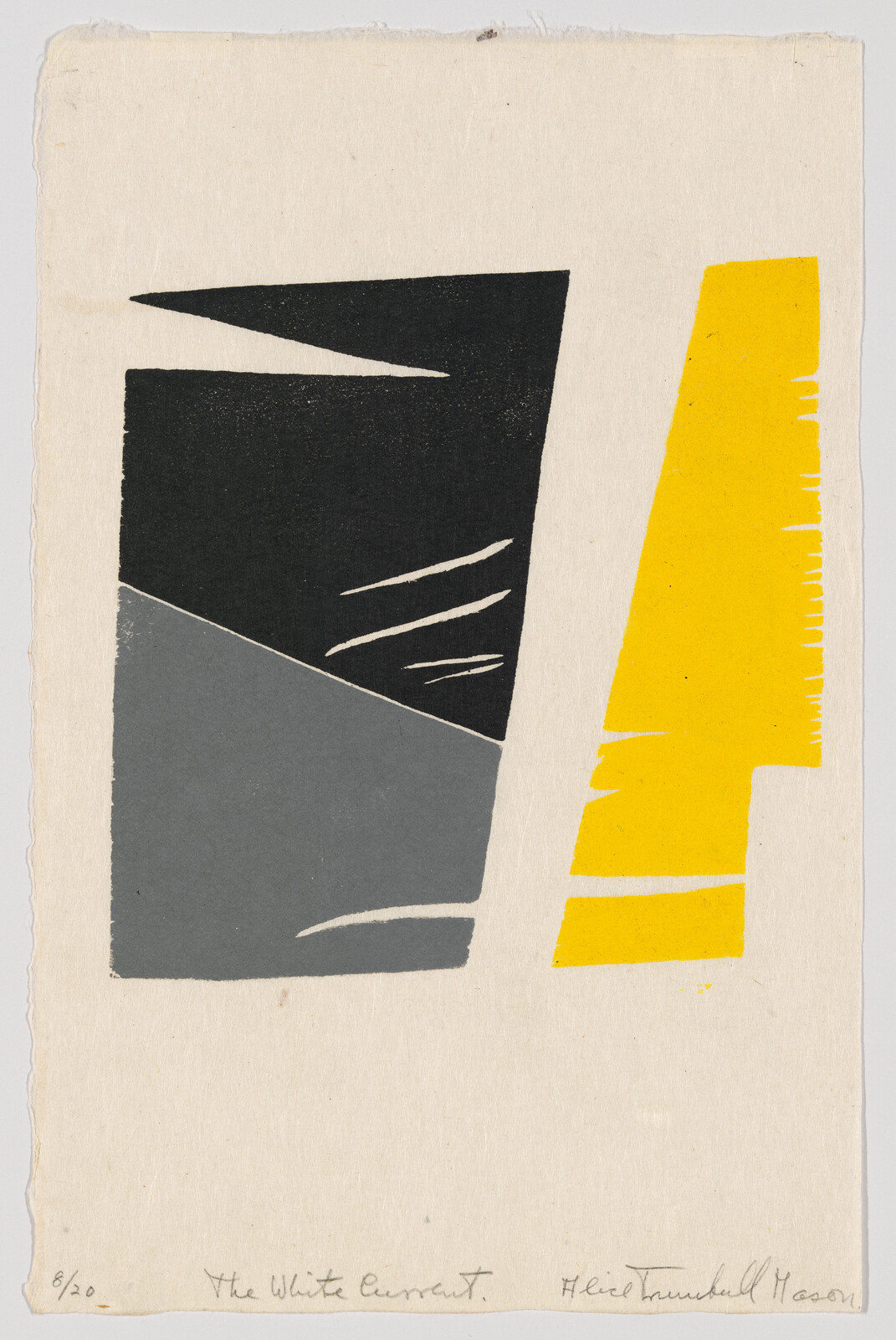 Two large abstract geometric blocks—black and gray on the left and yellow on the right—on cream paper.