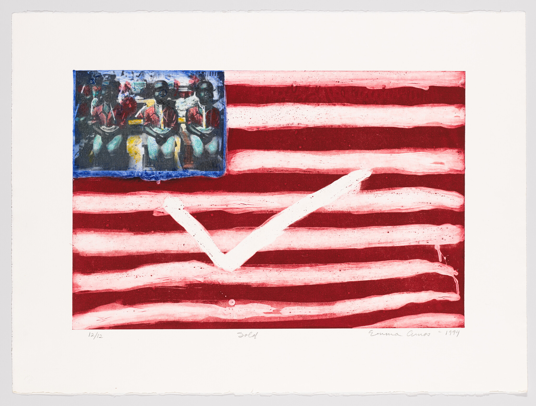 A large white checkmark and line of sitting figures are transposed upon the framework of an American flag