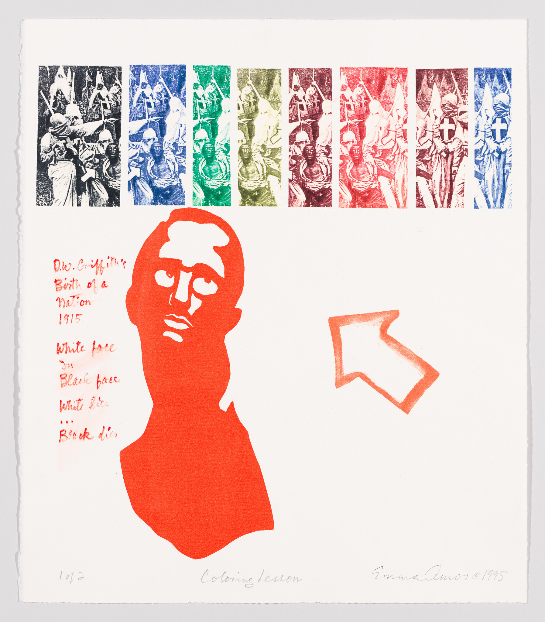 A red printed bust of a black man, flanked by text and an arrow, looking up at multicolored reproductions of his own lynching. &nbsp;