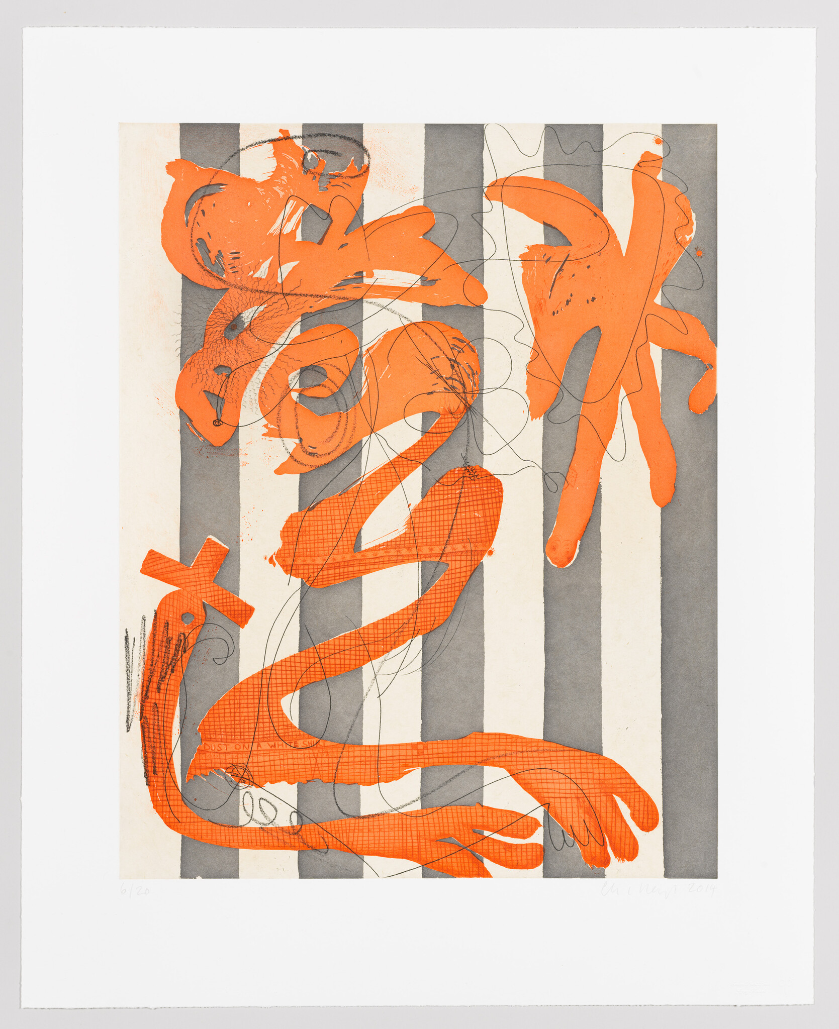 Bright orange ribbon-like shapes twist across a vertical gray and white striped background.