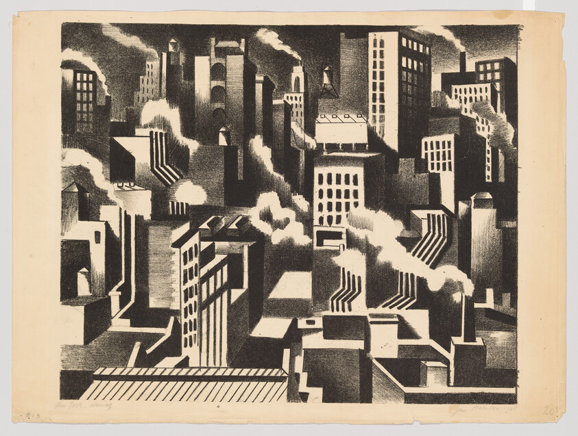 Dense black-and-white city skyline with many buildings and smoke rising from factory chimneys.