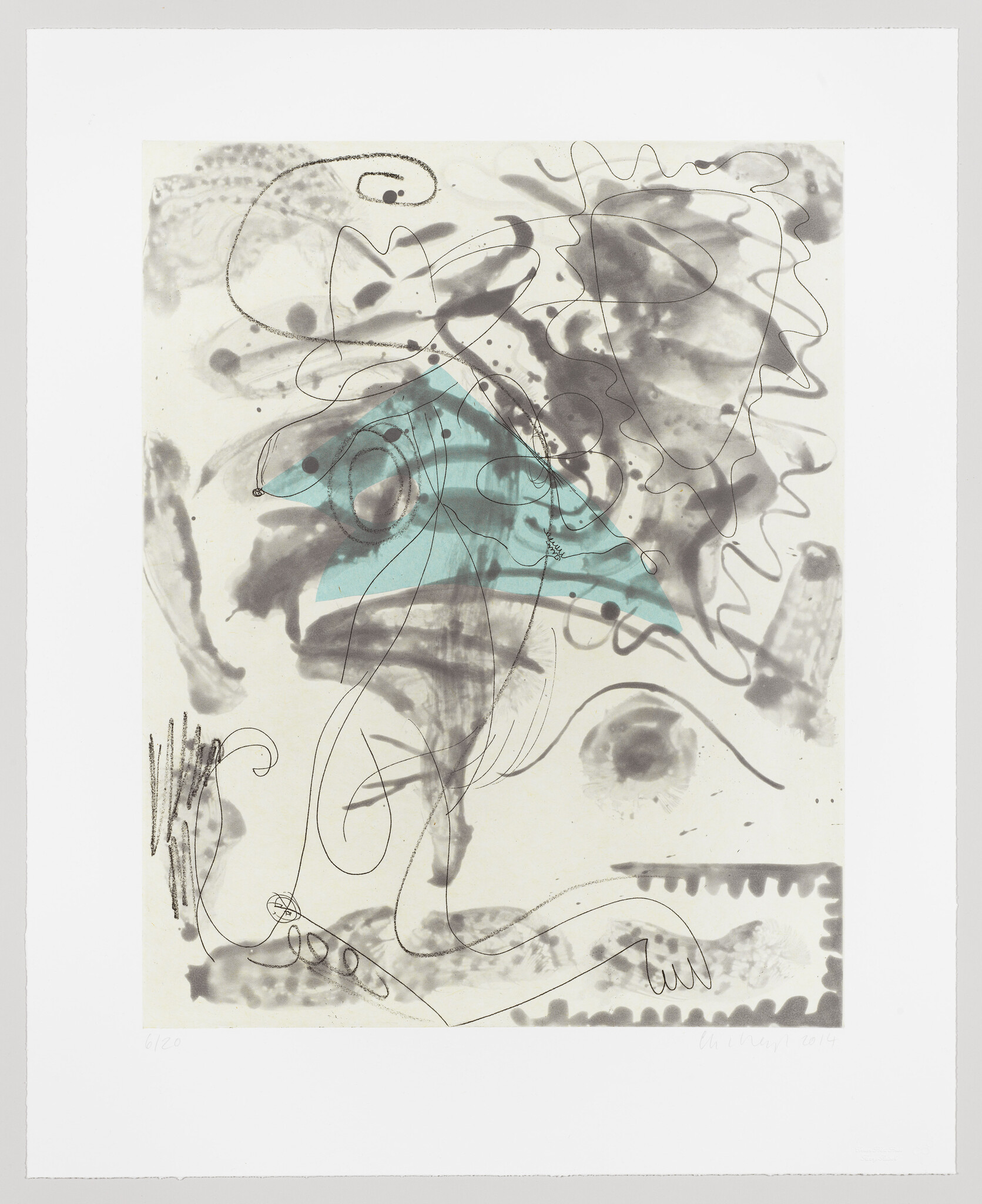 Abstract composition with teal triangular shape overlaid by swirling black ink lines and gray washes.