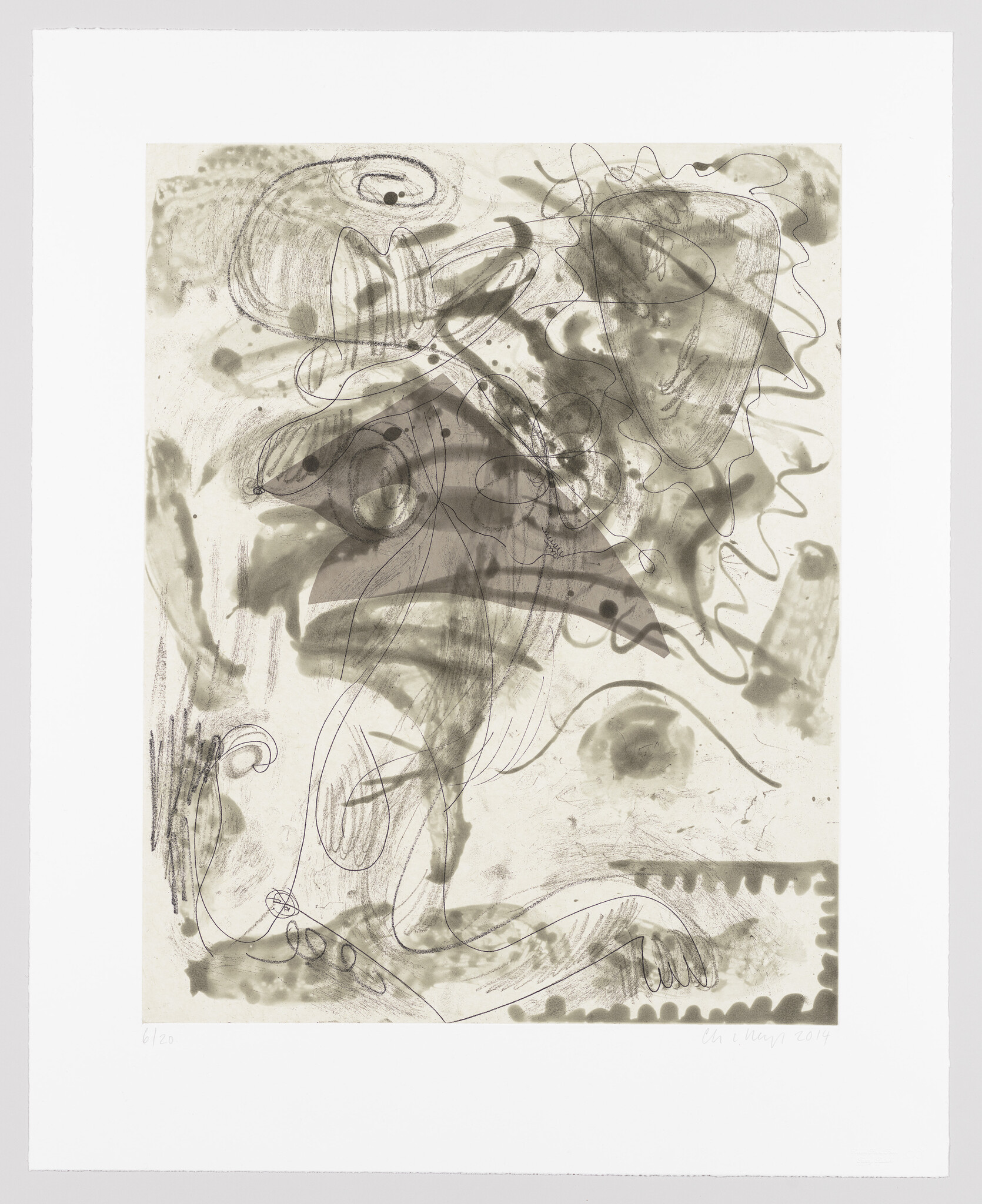 An abstract monochromatic artwork featuring a variety of shapes and lines that create a sense of movement and depth. The composition includes circular forms, wavy lines, and what appears to be organic shapes, all in shades of gray on a white background. The image also contains the artist's signature and the edition number '6/200' at the bottom.