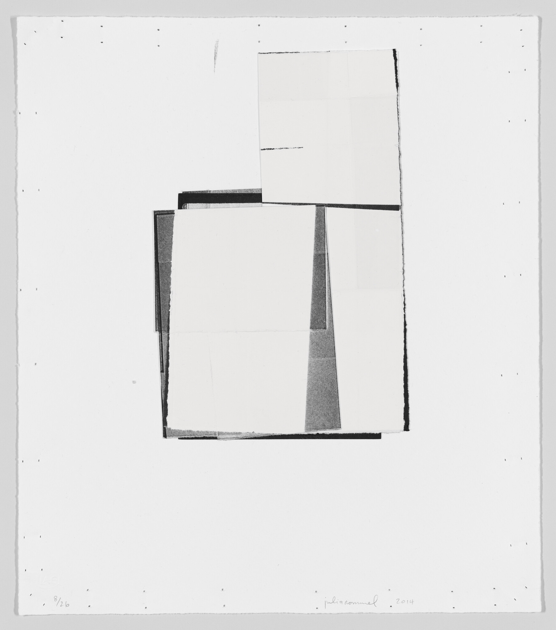 Stacked rectangular paper panels with torn edges form a centered abstract collage on a white sheet.